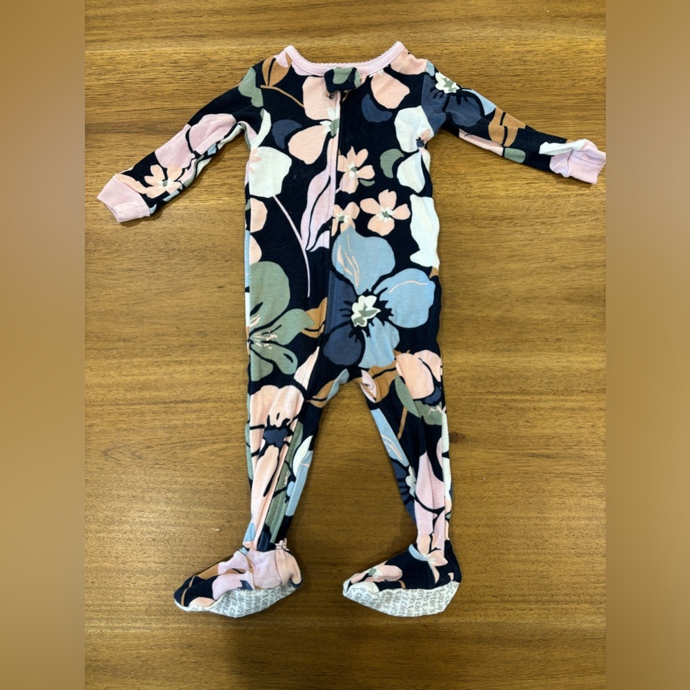 Carter’s Cotton Baby girl footie pajamas hibiscus flower blue and pink- 12 month
